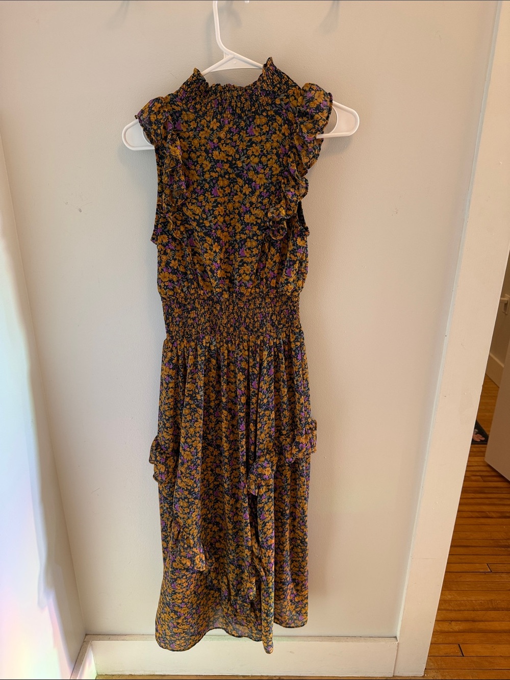 Lulu's Black Floral Smocked Midi Dress with Mustard & Purple Accents